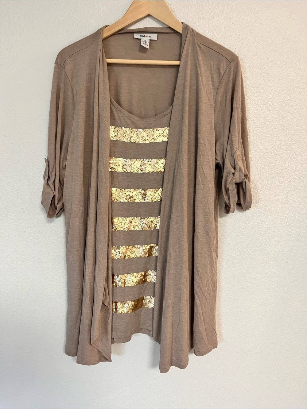 Style & Co. Taupe Layered Open Cardigan with Gold Sequin Stripes